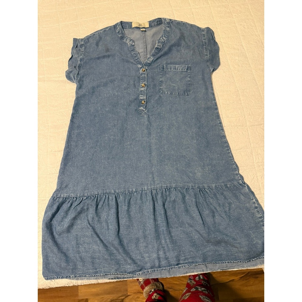 Thread & Supply Denim Shift Dress Medium Wash Acid Wash Ruffle Hem Dress Medium